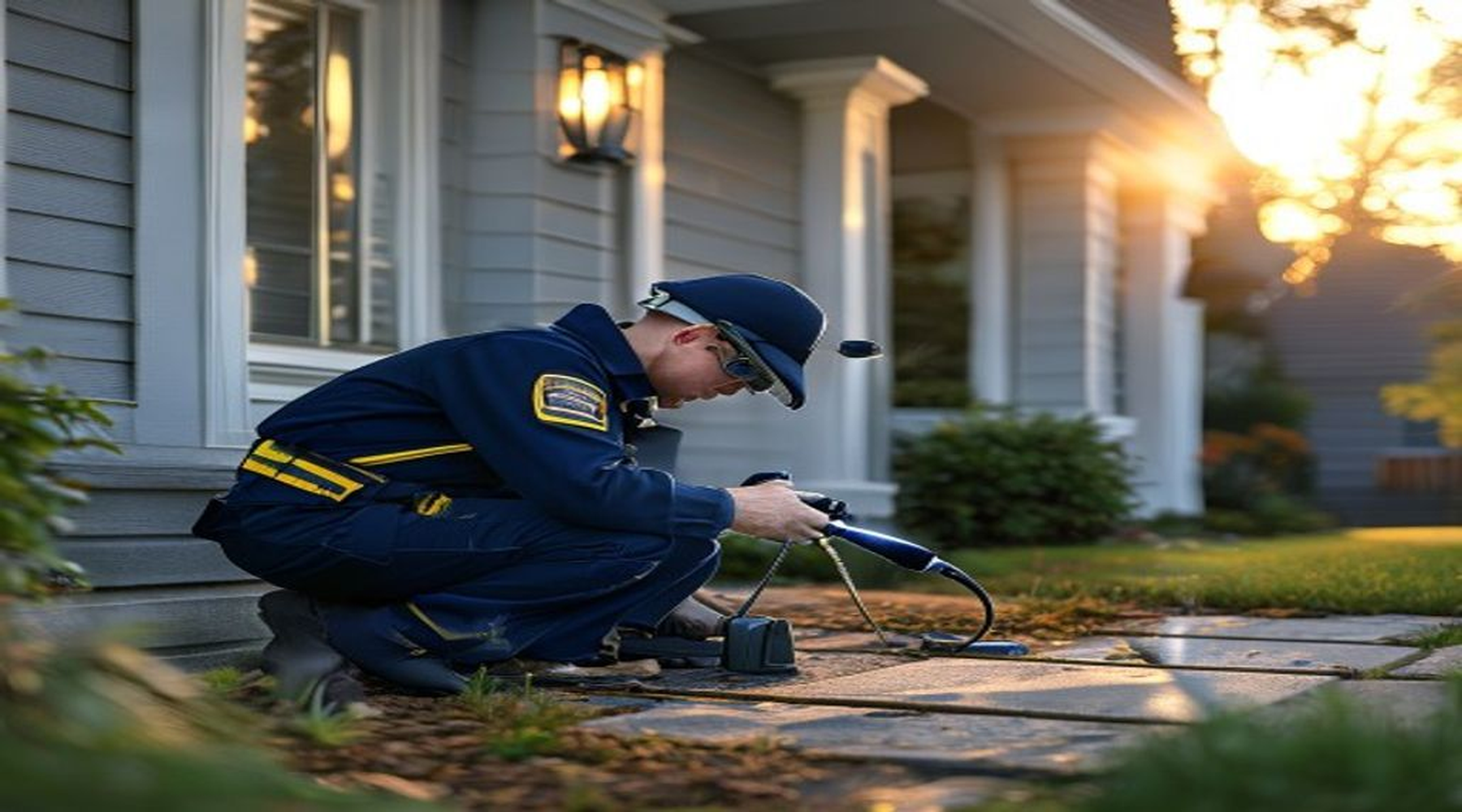 Pest control technician inspecting a Frederick home exterior foundation